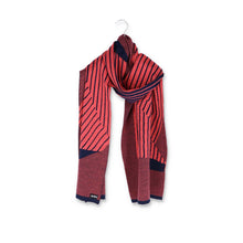 Load image into Gallery viewer, Packshot of a knit striped scarf in coral pink and dark blue.
