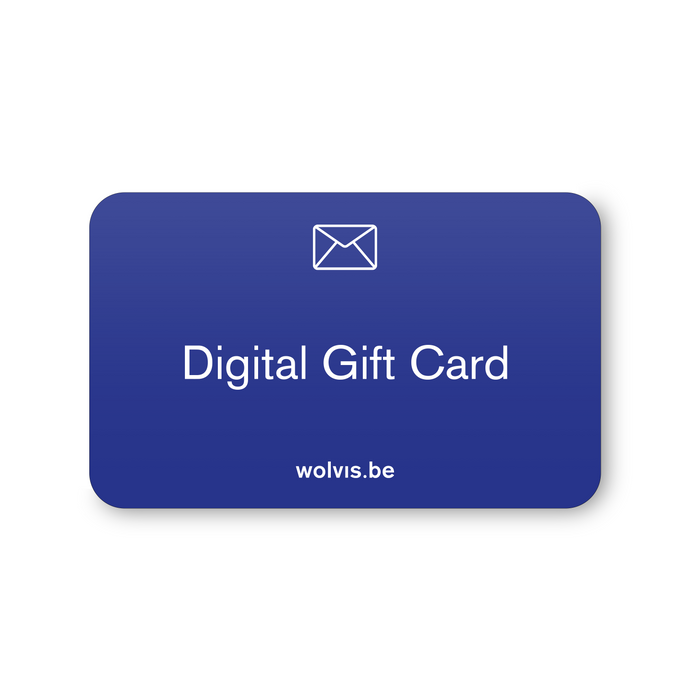 Mock-up of a digital gift card. Blue gift card with white text and white envelope icon.